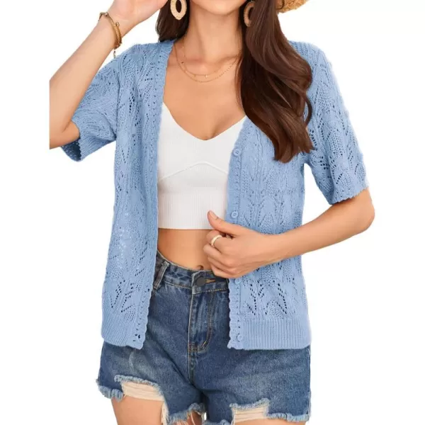 GRACE KARIN 2024 Womens Short Sleeve V Neck Cardigans Sweaters Open Front Knit Crochet Button Bolero Shrugs TopsLight Blue