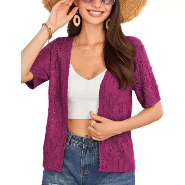 GRACE KARIN 2024 Womens Short Sleeve V Neck Cardigans Sweaters Open Front Knit Crochet Button Bolero Shrugs TopsRose Red