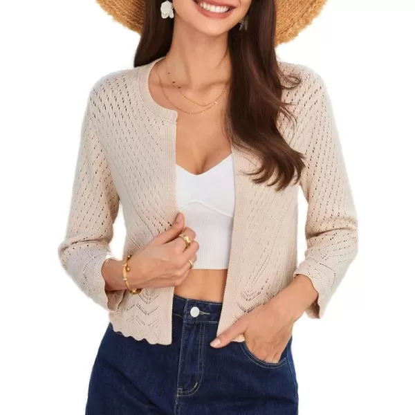 GRACE KARIN 2024 Womens Summer 34 Sleeve Lightweight Open Front Cropped Cardigan HollowedOut Shrug SweatersApricot