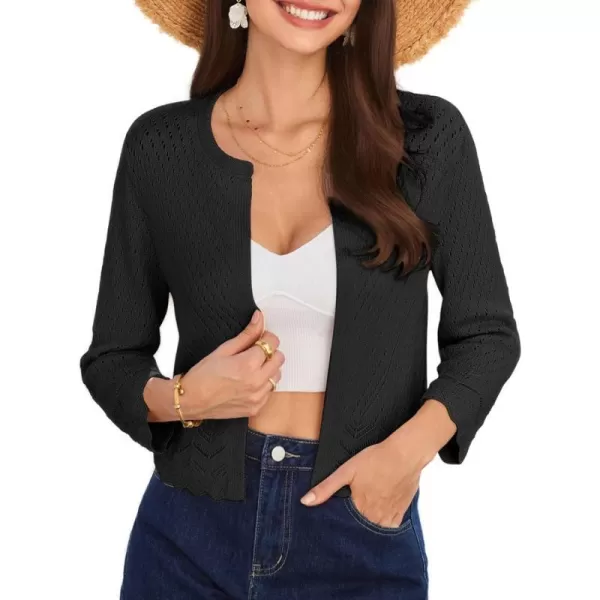 GRACE KARIN 2024 Womens Summer 34 Sleeve Lightweight Open Front Cropped Cardigan HollowedOut Shrug SweatersBlack