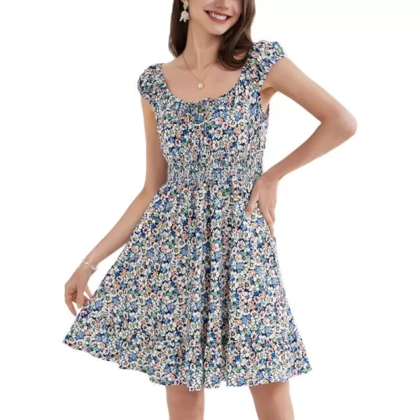 GRACE KARIN 2024 Womens Summer Floral Dress Cap Sleeve Smocked Flowy Short Dress Boho Flared Skater Mini DressesBlue Floral B