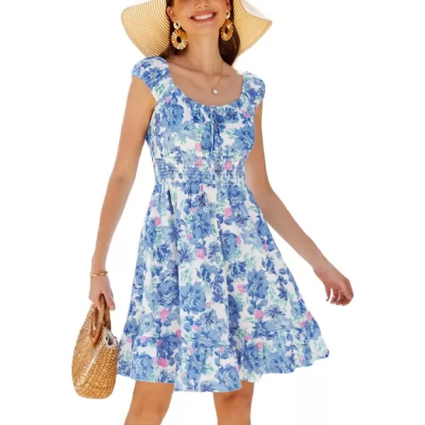 GRACE KARIN 2024 Womens Summer Floral Dress Cap Sleeve Smocked Flowy Short Dress Boho Flared Skater Mini DressesBlue Floral a