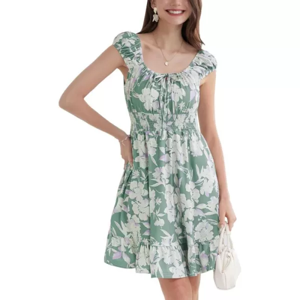 GRACE KARIN 2024 Womens Summer Floral Dress Cap Sleeve Smocked Flowy Short Dress Boho Flared Skater Mini DressesGreenampwhite Floral