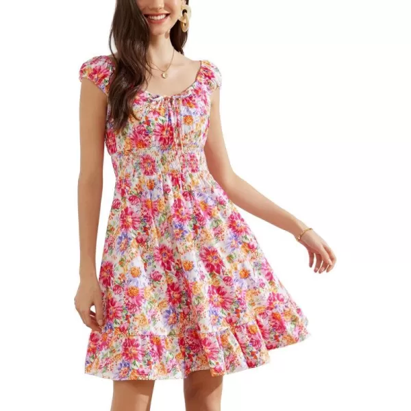 GRACE KARIN 2024 Womens Summer Floral Dress Cap Sleeve Smocked Flowy Short Dress Boho Flared Skater Mini DressesPink Floral