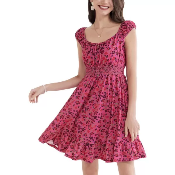 GRACE KARIN 2024 Womens Summer Floral Dress Cap Sleeve Smocked Flowy Short Dress Boho Flared Skater Mini DressesRose Red Floral