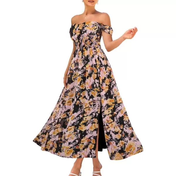 GRACE KARIN 2024 Womens Summer Floral Print Flowy A Line Dresses Sleeveless Smocked Off Shoulder Maxi DressBlack Yellow