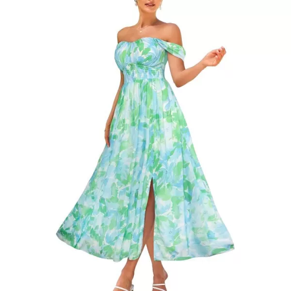 GRACE KARIN 2024 Womens Summer Floral Print Flowy A Line Dresses Sleeveless Smocked Off Shoulder Maxi DressBlue Green