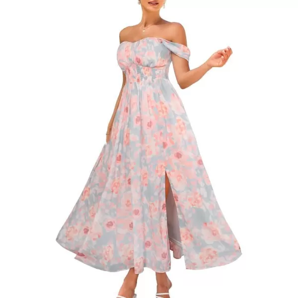 GRACE KARIN 2024 Womens Summer Floral Print Flowy A Line Dresses Sleeveless Smocked Off Shoulder Maxi DressLight Blue Pink