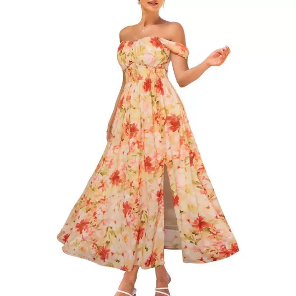 GRACE KARIN 2024 Womens Summer Floral Print Flowy A Line Dresses Sleeveless Smocked Off Shoulder Maxi DressLight Orange Red