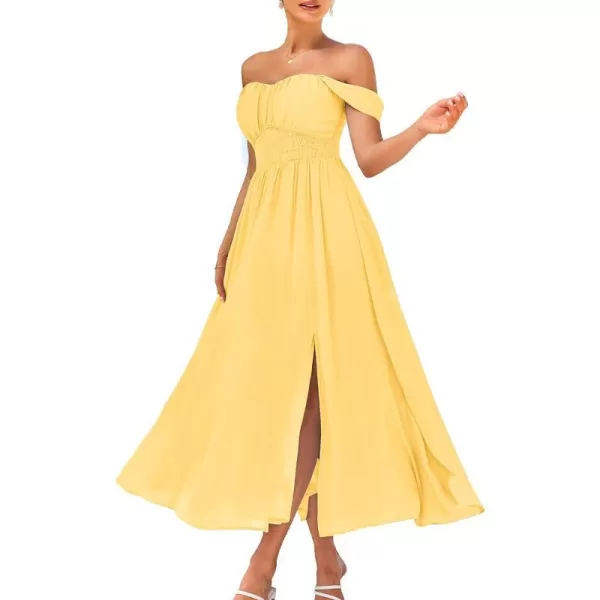 GRACE KARIN 2024 Womens Summer Floral Print Flowy A Line Dresses Sleeveless Smocked Off Shoulder Maxi DressLight Yellow