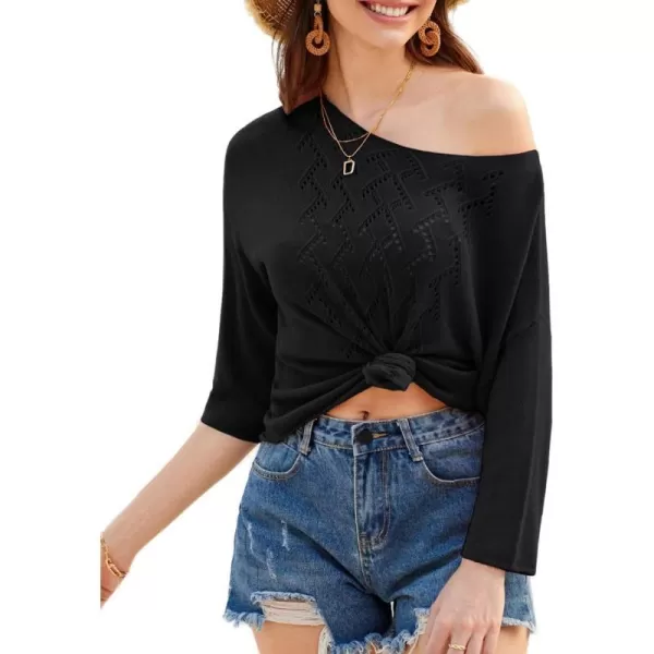 GRACE KARIN 2024 Womens Summer Lightweight HollowOut Sweater Casual 34 Sleeve Boat Neck Pullover Top BlouseBlack