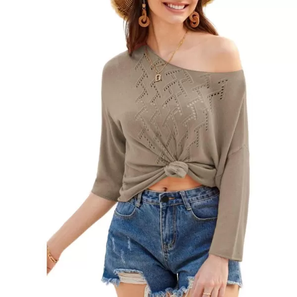 GRACE KARIN 2024 Womens Summer Lightweight HollowOut Sweater Casual 34 Sleeve Boat Neck Pullover Top BlouseKhaki