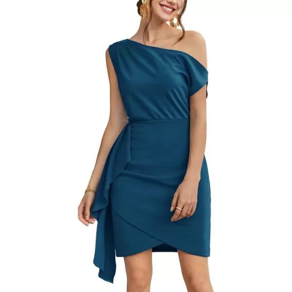 GRACE KARIN 2024 Womens Summer One Shoulder Dresses Short Sleeve Wrap Ruched Ruffle Bodycon Cocktail Party Mini DressAquamarine