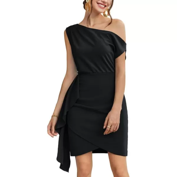 GRACE KARIN 2024 Womens Summer One Shoulder Dresses Short Sleeve Wrap Ruched Ruffle Bodycon Cocktail Party Mini DressBlack