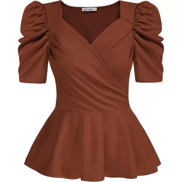 GRACE KARIN 2024 Womens Summer Tops Elegant Peplum Top Wrap V Neck Puff Short Sleeve Shirts Tops BlouseChocolate