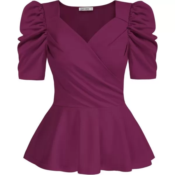 GRACE KARIN 2024 Womens Summer Tops Elegant Peplum Top Wrap V Neck Puff Short Sleeve Shirts Tops BlouseDark Purple