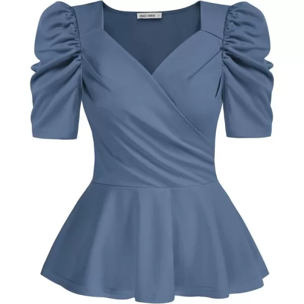 GRACE KARIN 2024 Womens Summer Tops Elegant Peplum Top Wrap V Neck Puff Short Sleeve Shirts Tops BlouseGrey Blue