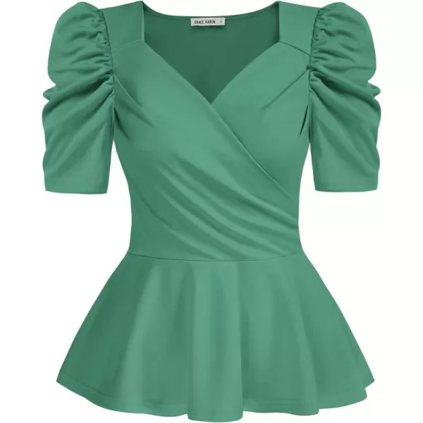 GRACE KARIN 2024 Womens Summer Tops Elegant Peplum Top Wrap V Neck Puff Short Sleeve Shirts Tops BlouseGrey Green