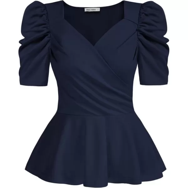 GRACE KARIN 2024 Womens Summer Tops Elegant Peplum Top Wrap V Neck Puff Short Sleeve Shirts Tops BlouseNavy Blue1