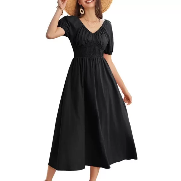 GRACE KARIN 2024 Womens Summer V Neck Smocked Dresses Short Sleeve Flowy A Line Maxi Dress with PocketsBlack