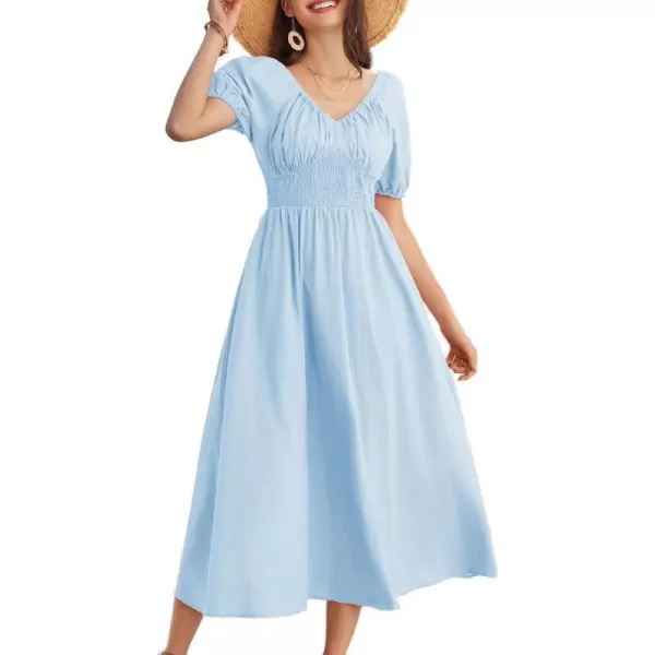 GRACE KARIN 2024 Womens Summer V Neck Smocked Dresses Short Sleeve Flowy A Line Maxi Dress with PocketsLight Blue