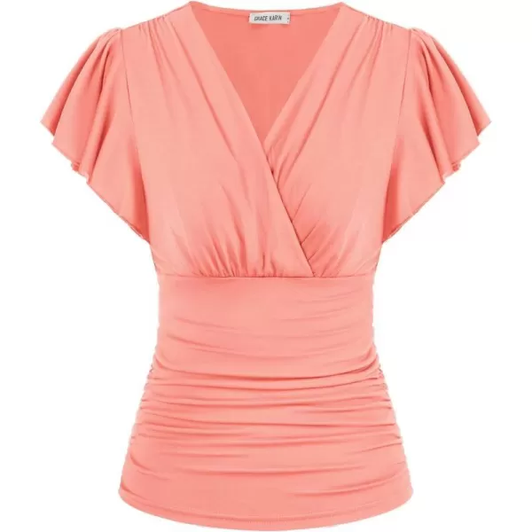 GRACE KARIN 2024 Womens Tops Elegant Surplice Wrap Blouse V Neck Long Sleeve Casual Ruched Top977 Coral