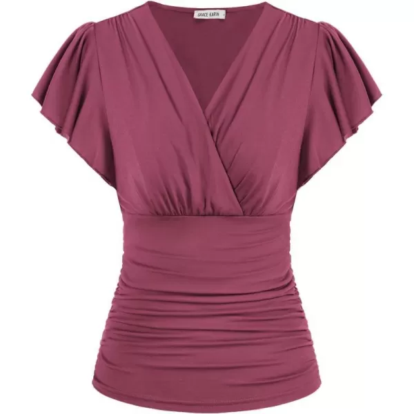 GRACE KARIN 2024 Womens Tops Elegant Surplice Wrap Blouse V Neck Long Sleeve Casual Ruched Top977 Fuchsia