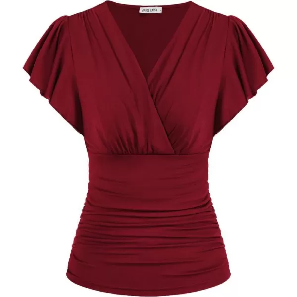 GRACE KARIN 2024 Womens Tops Elegant Surplice Wrap Blouse V Neck Long Sleeve Casual Ruched Top977 Wine Red