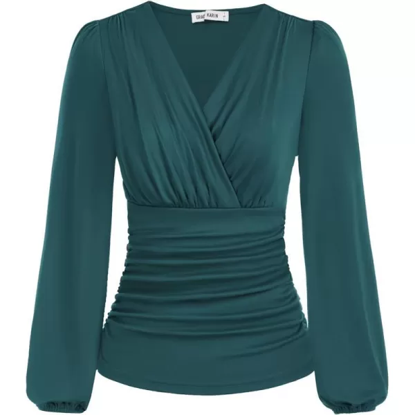 GRACE KARIN 2024 Womens Tops Elegant Surplice Wrap Blouse V Neck Long Sleeve Casual Ruched TopBlue Green