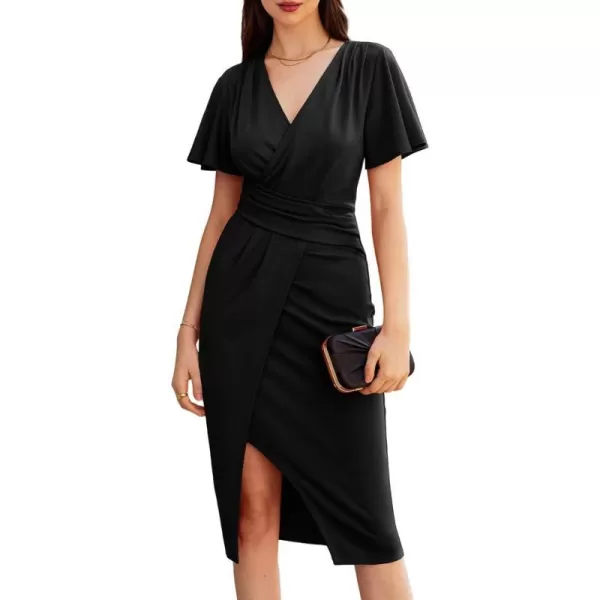 GRACE KARIN 2024 Womens V Neck Short Sleeve Ruched Split Wrap Dress Midi Cocktail DressesBlack