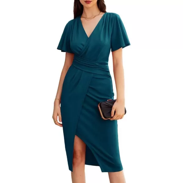 GRACE KARIN 2024 Womens V Neck Short Sleeve Ruched Split Wrap Dress Midi Cocktail DressesBlue Green