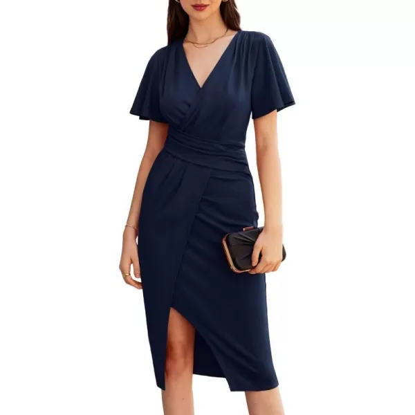 GRACE KARIN 2024 Womens V Neck Short Sleeve Ruched Split Wrap Dress Midi Cocktail DressesNavy Blue