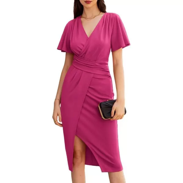 GRACE KARIN 2024 Womens V Neck Short Sleeve Ruched Split Wrap Dress Midi Cocktail DressesRose Red