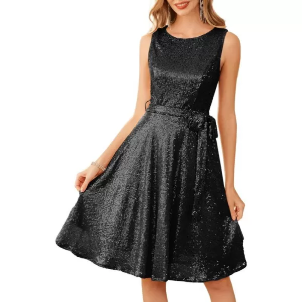 GRACE KARIN Boatneck Sleeveless Vintage Tea Dress with BeltBlack Sequin