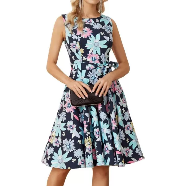 GRACE KARIN Boatneck Sleeveless Vintage Tea Dress with BeltCl033blackblue 95polyester5spandex