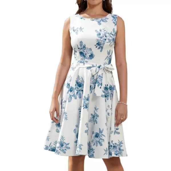 GRACE KARIN Boatneck Sleeveless Vintage Tea Dress with BeltCl033whiteblue 95polyester5spandex