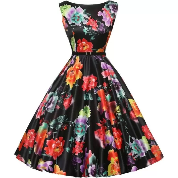 GRACE KARIN Boatneck Sleeveless Vintage Tea Dress with BeltFloral14