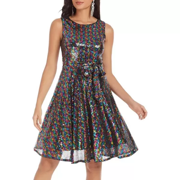 GRACE KARIN Boatneck Sleeveless Vintage Tea Dress with BeltMulticolor a Sequin