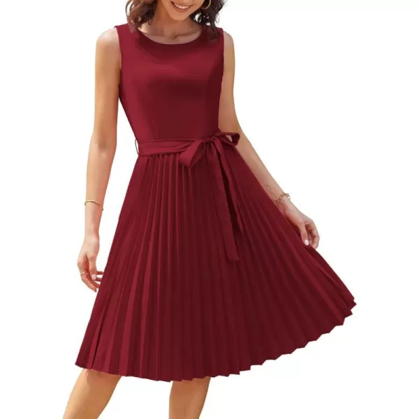 GRACE KARIN Boatneck Sleeveless Vintage Tea Dress with BeltPleatedwine Red