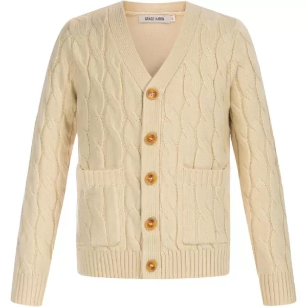 GRACE KARIN Boys Long Sleeve Cardigan Sweater Button Down Knit Cardigan with Pockets 512YBeige