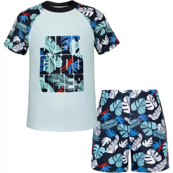 GRACE KARIN Boys Swim Set Swim Trunks and Short Sleeve Rash Guard Bathing Suits 512YBlack Plants