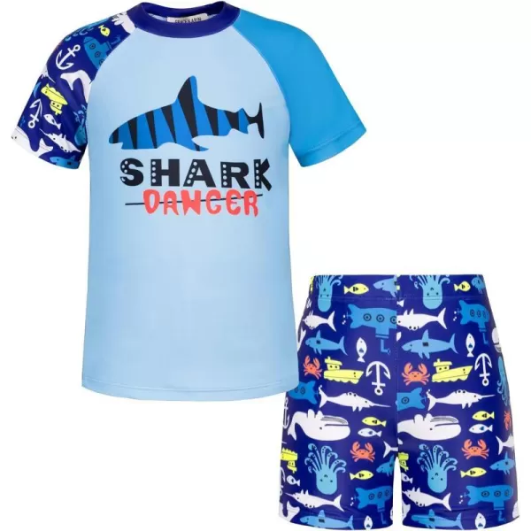 GRACE KARIN Boys Swim Set Swim Trunks and Short Sleeve Rash Guard Bathing Suits 512YBlue Fishes