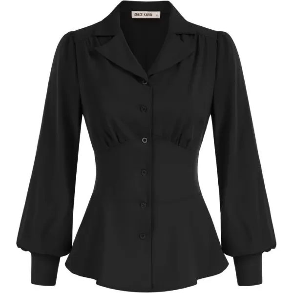 GRACE KARIN Button Down Shirts for Women Peplum Tops Long Sleeve Work Blouse Collared Shirt Dressy TopBlack