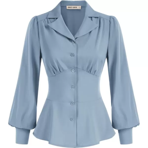 GRACE KARIN Button Down Shirts for Women Peplum Tops Long Sleeve Work Blouse Collared Shirt Dressy TopBlue