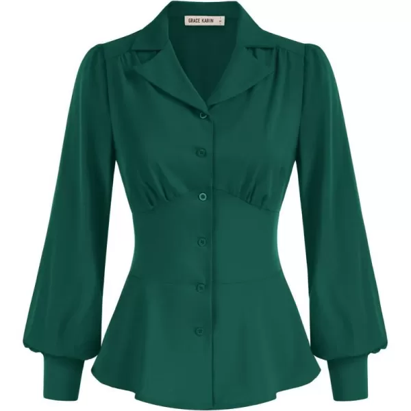 GRACE KARIN Button Down Shirts for Women Peplum Tops Long Sleeve Work Blouse Collared Shirt Dressy TopDark Green