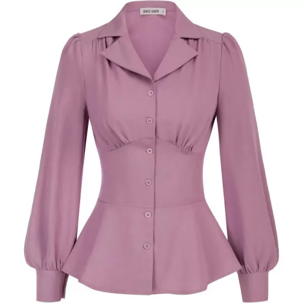 GRACE KARIN Button Down Shirts for Women Peplum Tops Long Sleeve Work Blouse Collared Shirt Dressy TopPink Purple