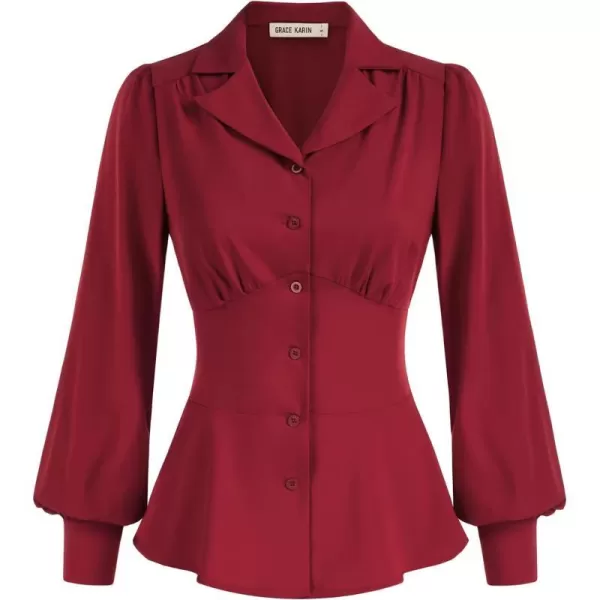 GRACE KARIN Button Down Shirts for Women Peplum Tops Long Sleeve Work Blouse Collared Shirt Dressy TopWine Red