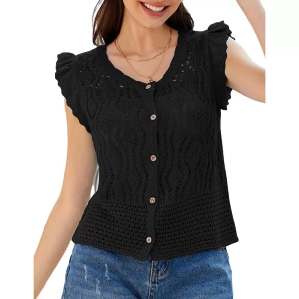 GRACE KARIN Crochet Cropped Cardigan Sweater Vest Ruffle Sleeve Lace Button Up Lightweight Bolero Shrugs for Dress Top 2024Black