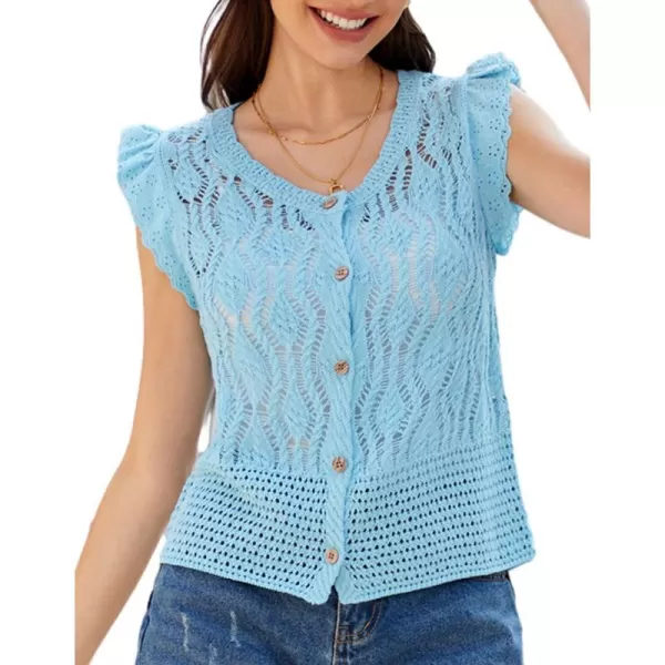 GRACE KARIN Crochet Cropped Cardigan Sweater Vest Ruffle Sleeve Lace Button Up Lightweight Bolero Shrugs for Dress Top 2024Blue