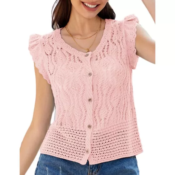 GRACE KARIN Crochet Cropped Cardigan Sweater Vest Ruffle Sleeve Lace Button Up Lightweight Bolero Shrugs for Dress Top 2024Pink